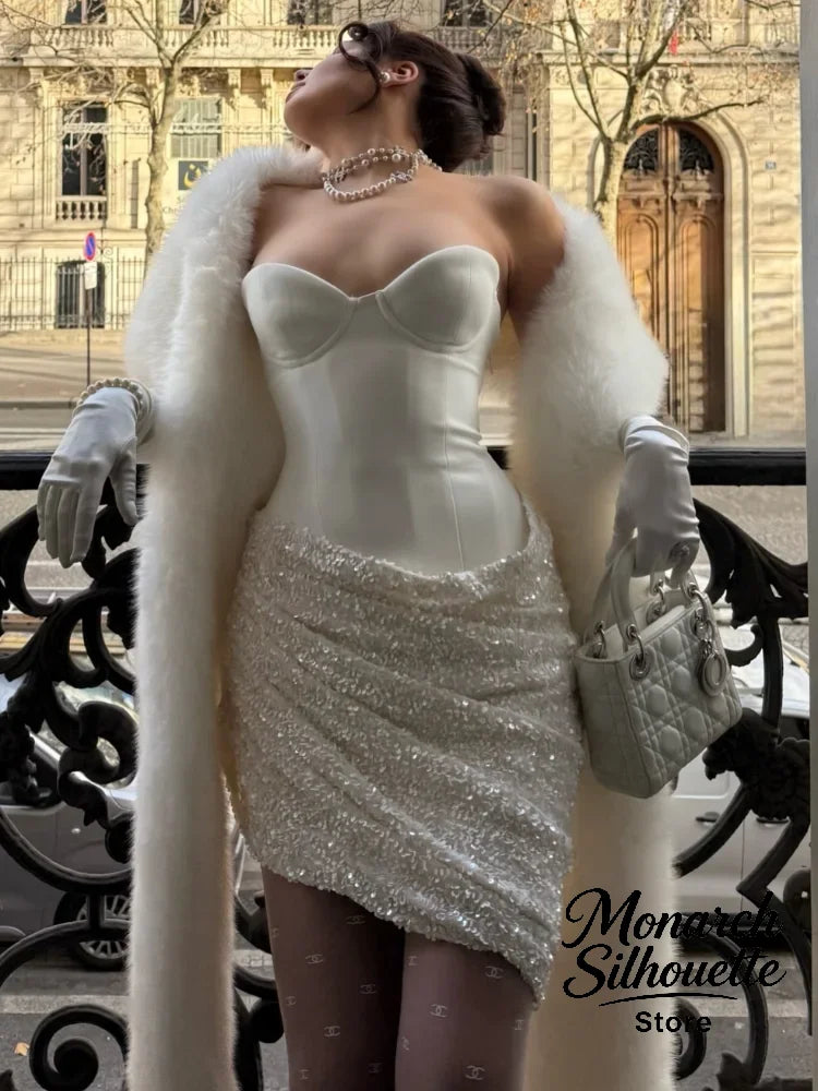 Sexy Sequin Pleated Strapless Mini Dress Women Chic  Scarf Collar Off Shoulder Waist Cinching Dresses Lady Evening Party Gown