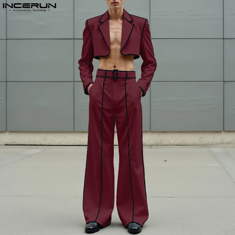 INCERUN Men Sets Patchwork Autumn 2025 Lapel Long Sleeve Crop Blazer & Pants Two Pieces Sets Streetwear Loose Fashion Men Suits