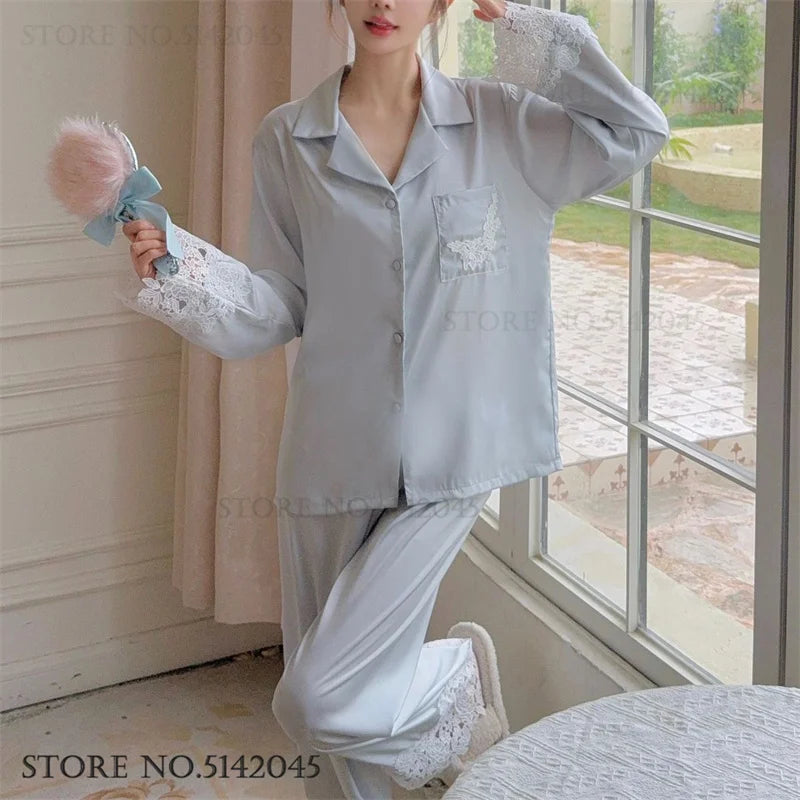 Luxury Women Pajamas Set Night Wear Elegant White Silk Satin Lace Sleepwear Trouser Suit Home Clothes Loose Casual Loungewear