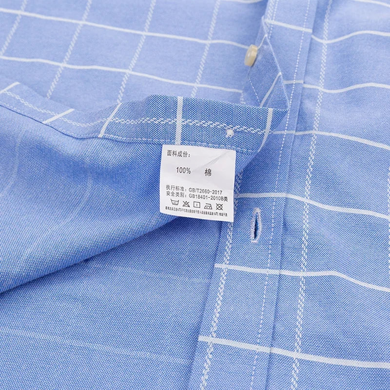 2025 100% Pure Cotton Men's Oxford Short Sleeve Square Collar Soild Plaid Striped Summer Casual Shirts Single Pocket  Shirt