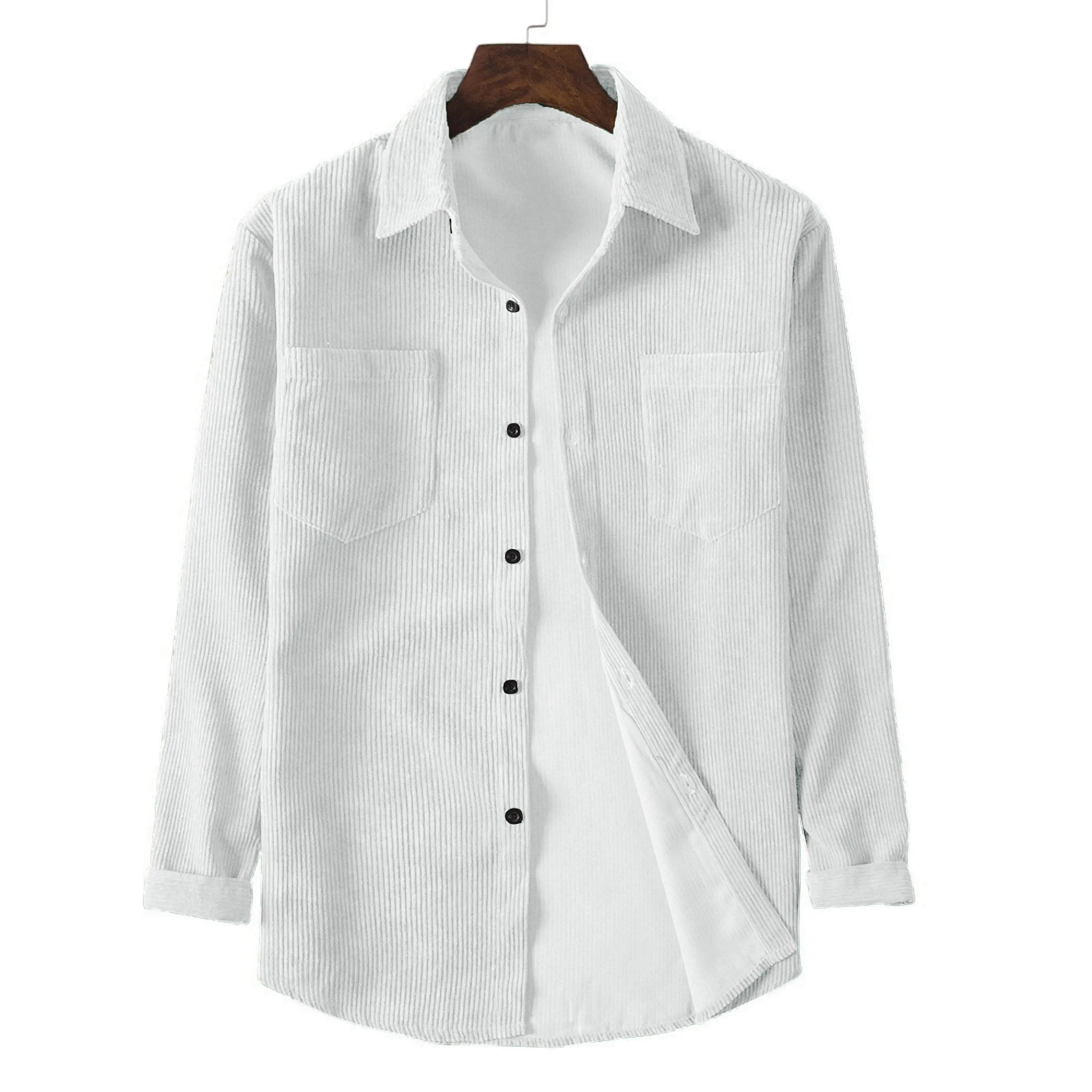 New spring and autumn men's corduroy long-sleeved double-pocket solid color casual men's top button lapel fashion
