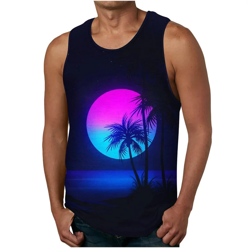 vintage Summer 3D New Coconut Trees Printed Tank Top Tropical Leaves Graphic Tank Tops Men Fashion Cool Streetwear Clothing Vest