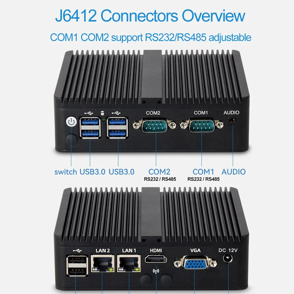 XCY Mini PC Intel Celeron J6412 Quad Cores 2x RS232/485 Dual Ethernet Mini PCIe HDMI VGA Fanless Industrial IPC Windows Linux