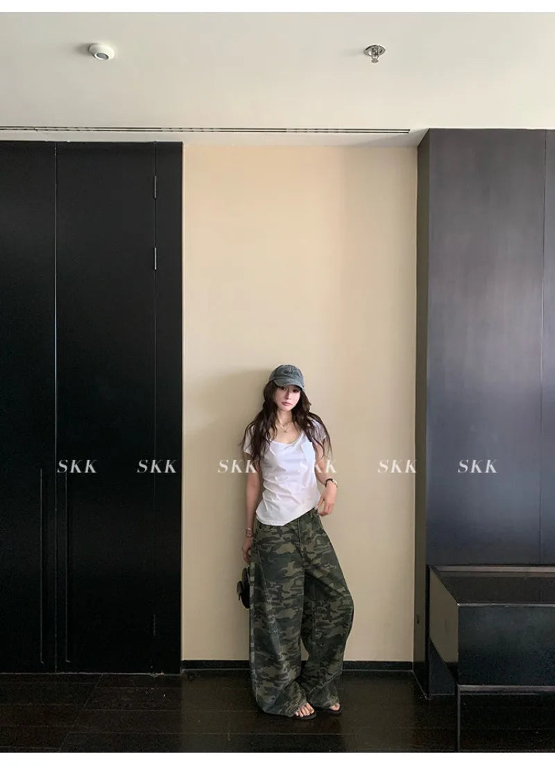 YJKDYK High Waist Camouflage Workwear Jeans Women's Autumn Spring American Retro Wide Leg Floor-Length Pants Trendy High Street
