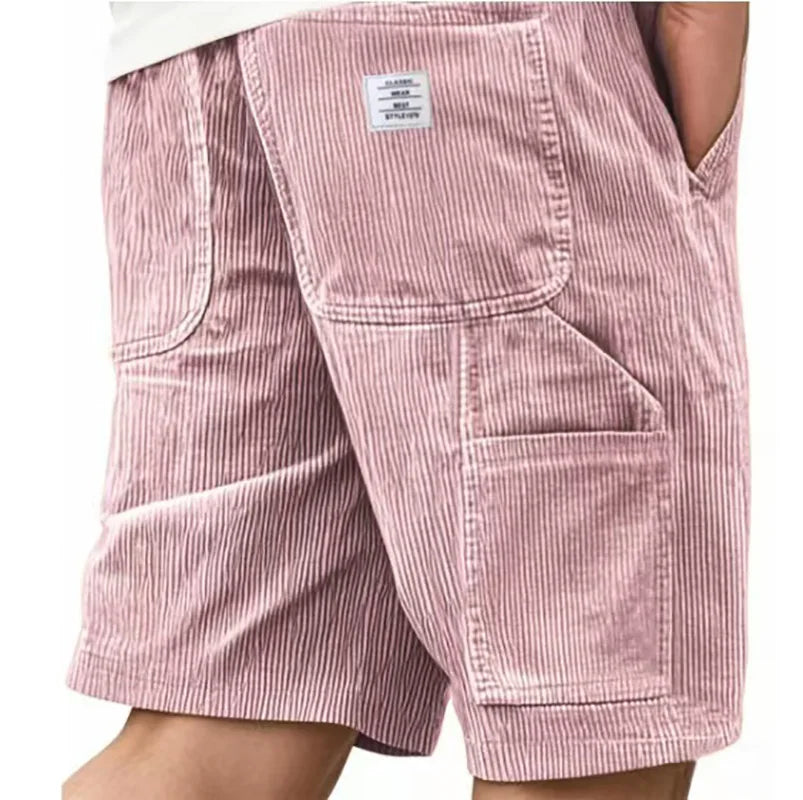 Men's Workwear Shorts Summer Casual Corduroy Loose Elastic Waist Multi-Pocket Leisure Pants Embroidery Retro Style Male Trousers