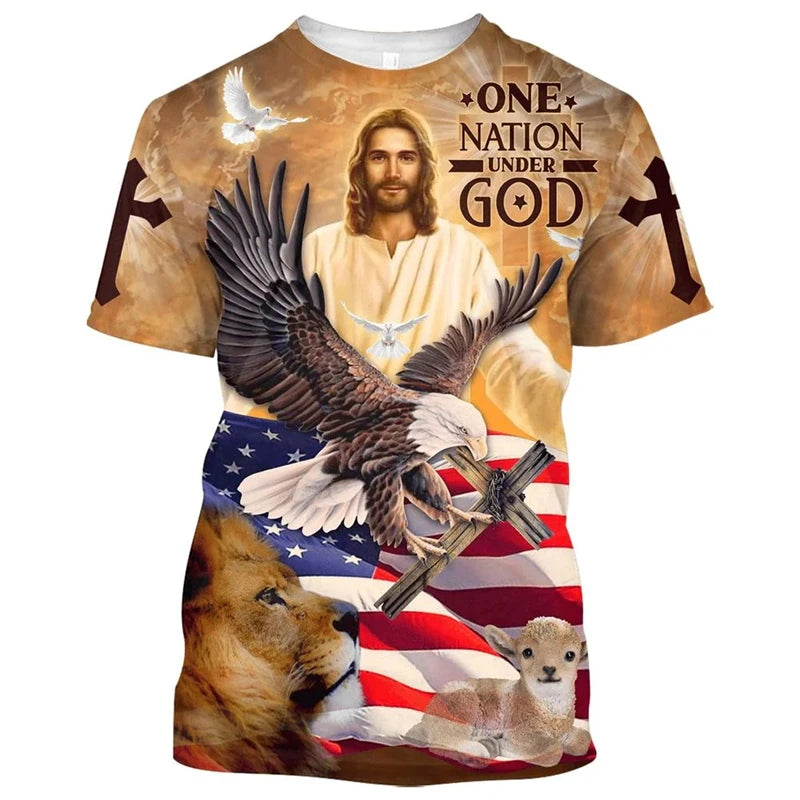New 3D Print Jesus Lion Eagle Graphic T Shirt For Men Women Tees Trendy Unisex USA Flag T-shirts Casual Short Sleeve Kids Tops