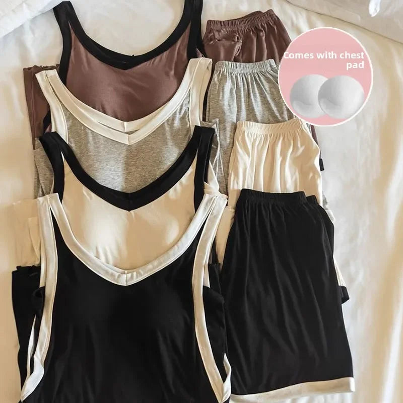 Women Sleeveless Summer Casual 2/pce Set Girls Spaghetti Strap Vest Shorts Outfit Lady Color Blocked Bra Pad Fashion Loungewear