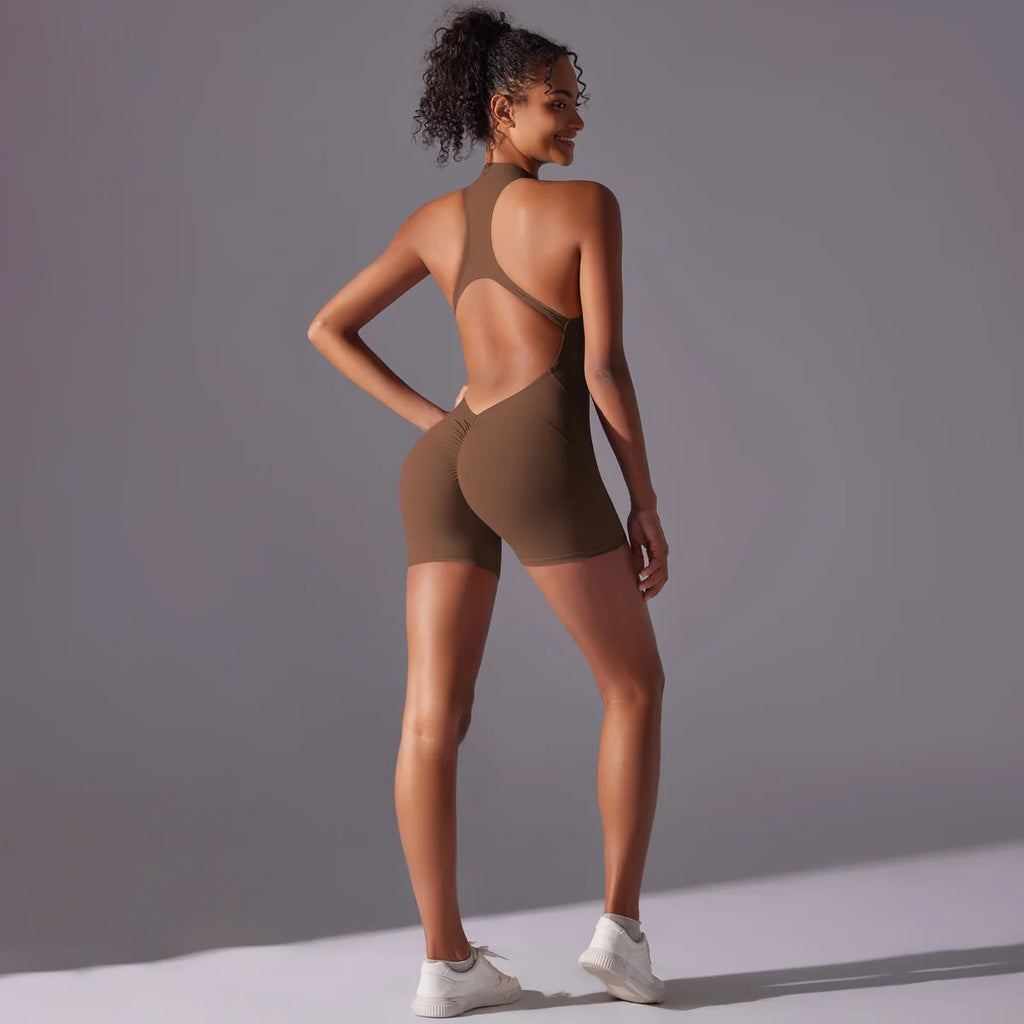Women's High Neck Zip-Up Yoga Bodysuit, Sleeveless Hollow Back Scrunch Butt Lifting Romper, Buttery Soft Workout Activewear