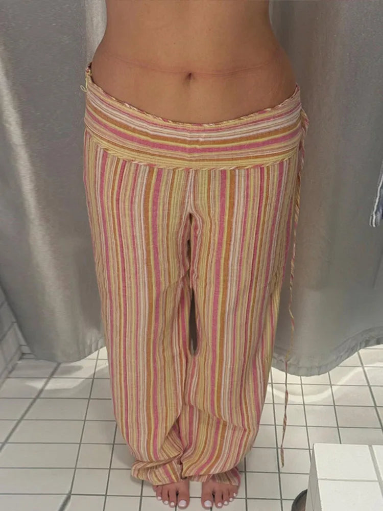 Colorful Striped Wide Leg Trousers Women Bohemian High Waist Multi-color Panelled Slim Straight Pants Fashion Lady Beachwear New