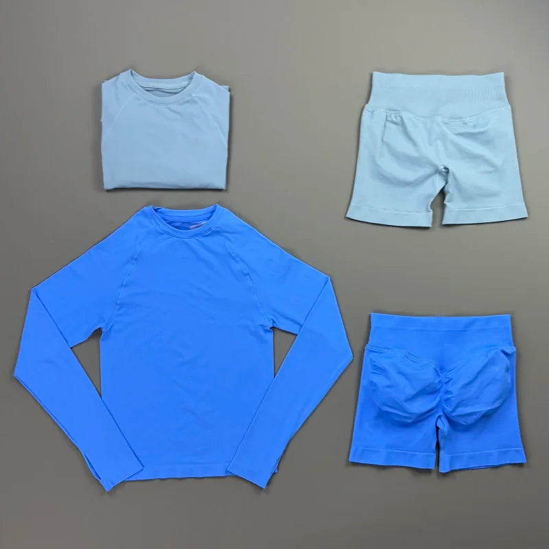 2 Piece Fitness Outfit Women Raglan Long Sleeve Crew Neck Top Hip Shaping Scrunch Shorts Stretch Soft Dance Gym Workout Set