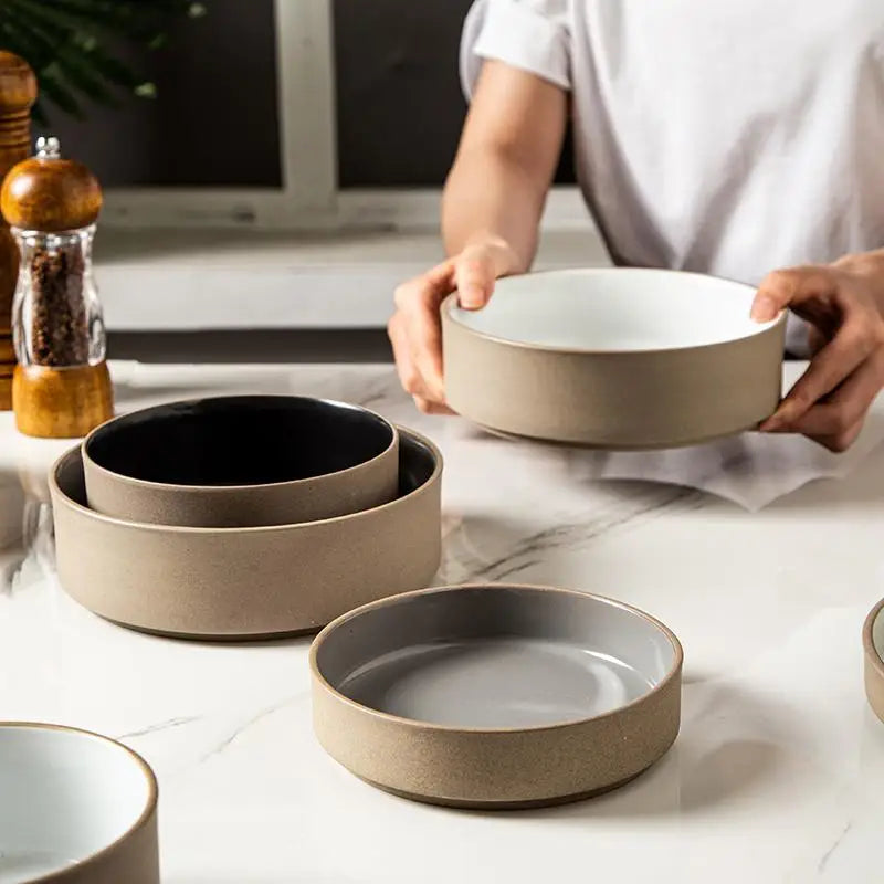 Retro Japanese Style Ceramic Bowl Set for Home Use round Shape Dinnerware Tray Dumpling Soup Noodle Bowl Matte Finish Utensils