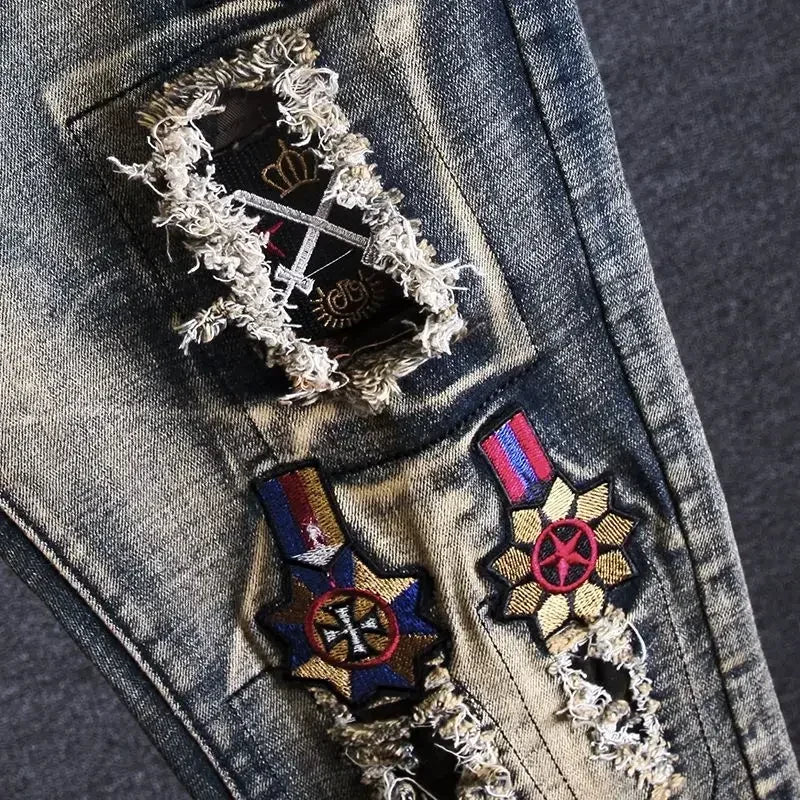 Trousers Torn Men's Jeans Embroidery Man Cowboy Pants with Holes Graphic Broken Ripped Cropped Retro Luxury Plus Size Cheap Goth