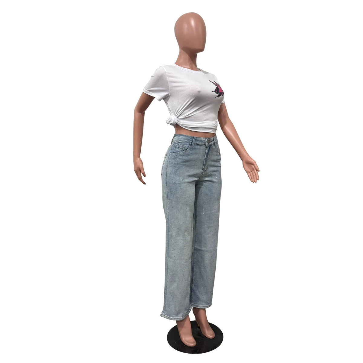 Women's Outfit Featuring Diamond-studded Washed Denim Pants Women's High-waisted Straight-leg Pants, and "hot Girl" Style Pants.