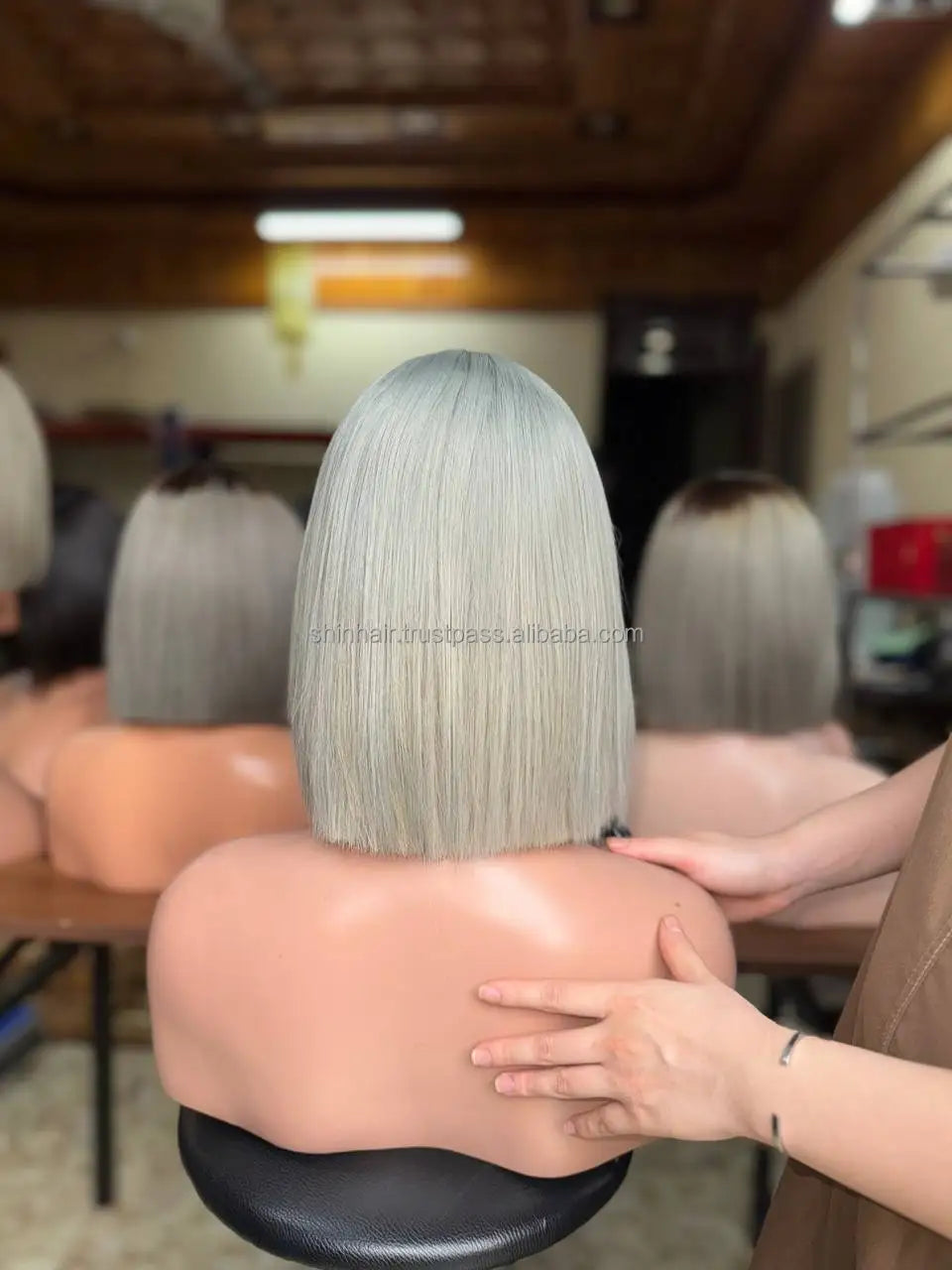 Wholesale Ginger Transparent Lace Bob Wigs with Bangs Gray Color Vietnamese Human Hair Fringe Glueless Middle Part Women
