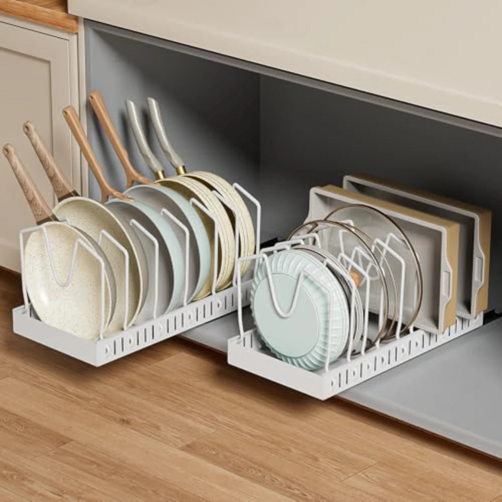 Kitchen Cabinet Pull Out Tray Organizer with Slide Rails Adjustable Storage Rack for Pots Pans and Dishes