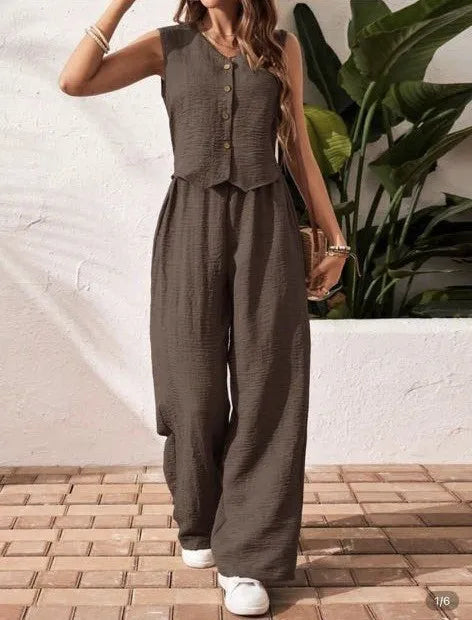 Two-piece Ladies Set 2026 Summer New Versatile Sleeveless V Neck Vest Tops Suits Fashion Casual Loose Tops Wide Leg Pants Sets