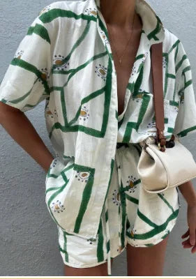 Fashion Lapel Short-sleeved Single-breasted Shirt Top + Shorts 2-piece Set Women Elegant Summer Print Loose Casual Suit Female