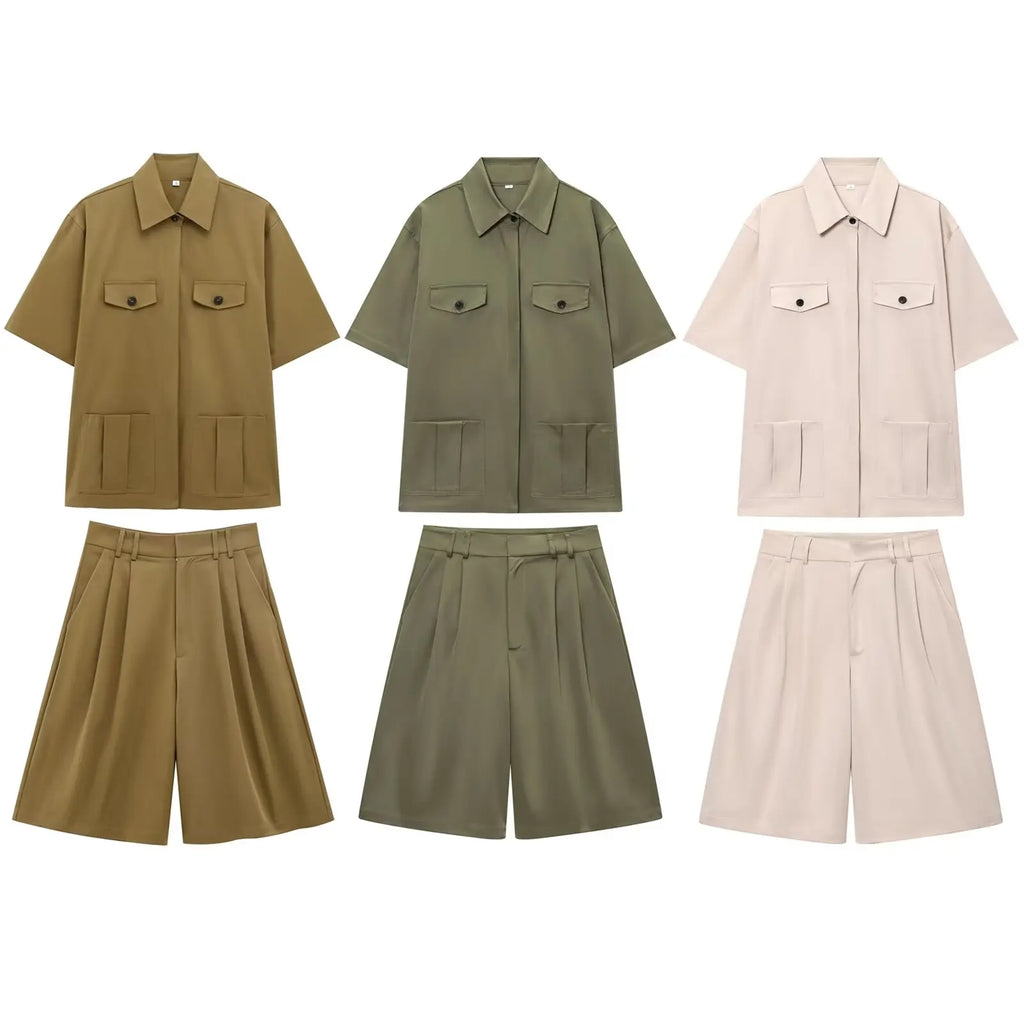 HH Women Summer Solid 2-Piece Set Button Pocket Decoration Short Sleeve Lapel Shirts+High Waist Pleated Zipper Casual Shorts