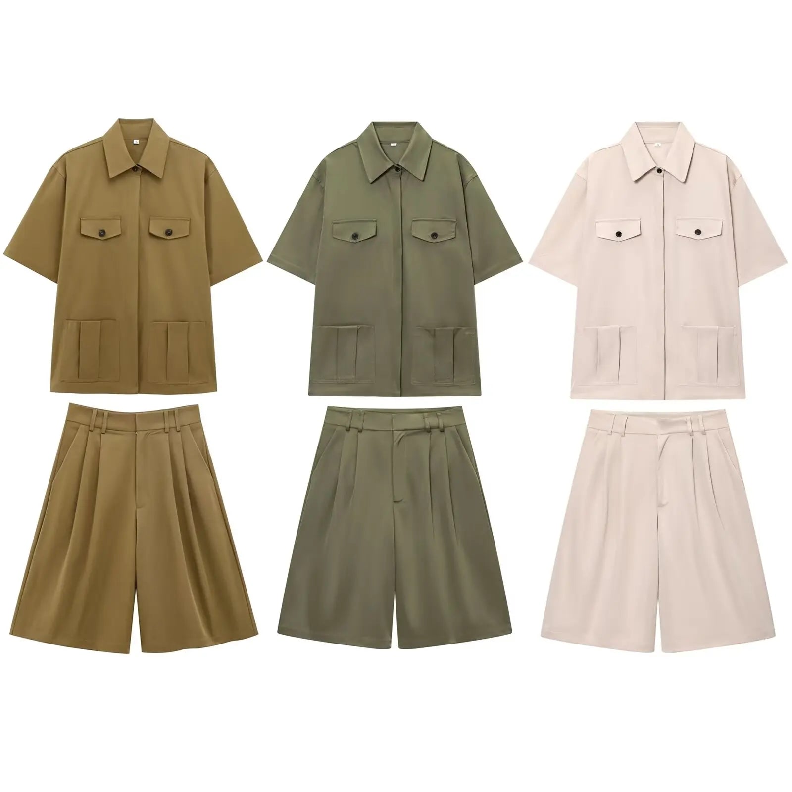HH Women Summer Solid 2-Piece Set Button Pocket Decoration Short Sleeve Lapel Shirts+High Waist Pleated Zipper Casual Shorts