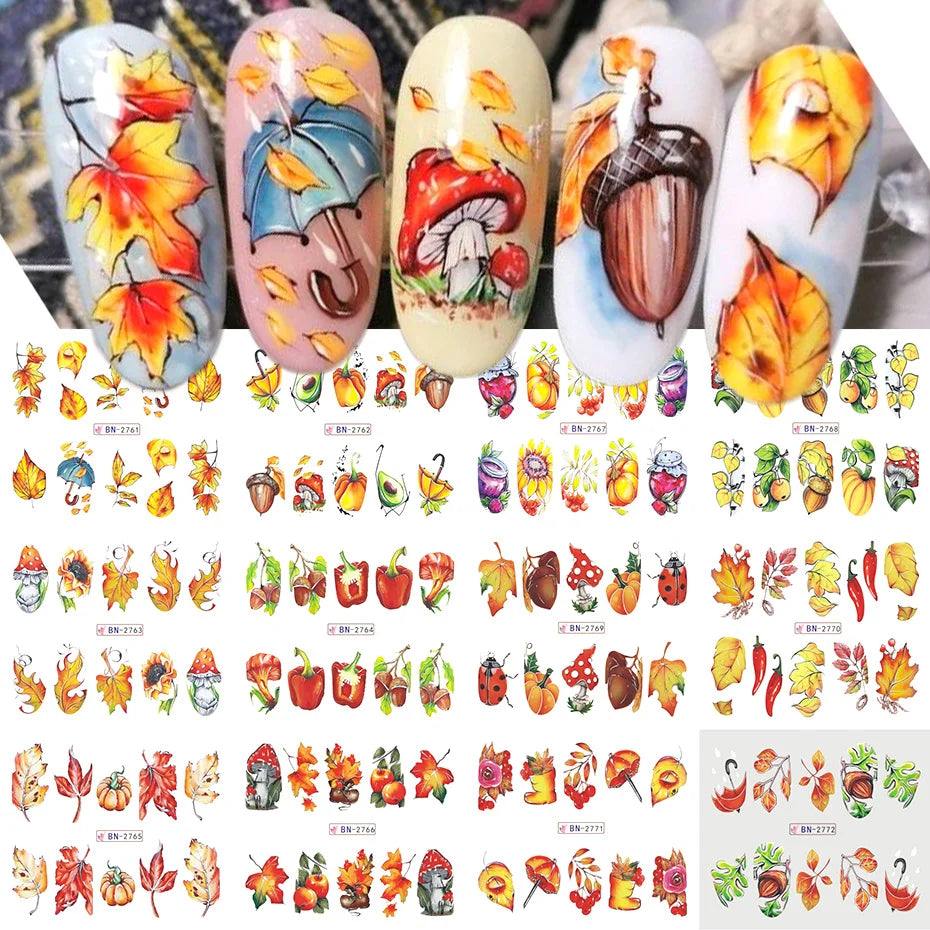 12 Designs Autumn Maple Leaf Squirrel Pumpkin Water Nail Stickers Fall Season Element Watermark Sliders DIY Manicure Decal Foils