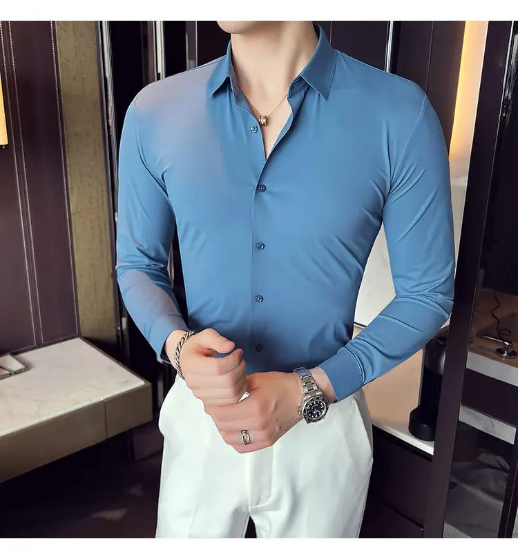 Men's Ultra Stretch Seamless Long Sleeve Shirt Top Quality Business Casual Breathable Stretchable Solid Color Formal Dress Shirt