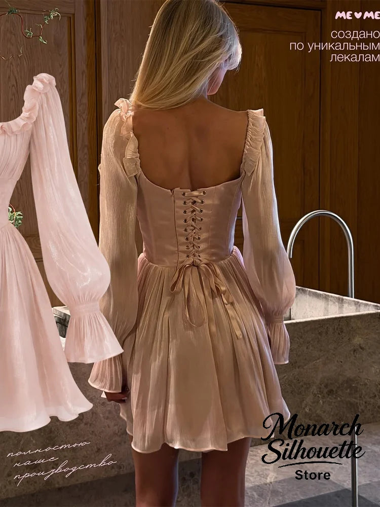 Elegant Square Collar Ruffle Trim Dress Women Chic Solid Full Sleeves Waist Cinching Short Dresses Lady Sexy Street Robes New