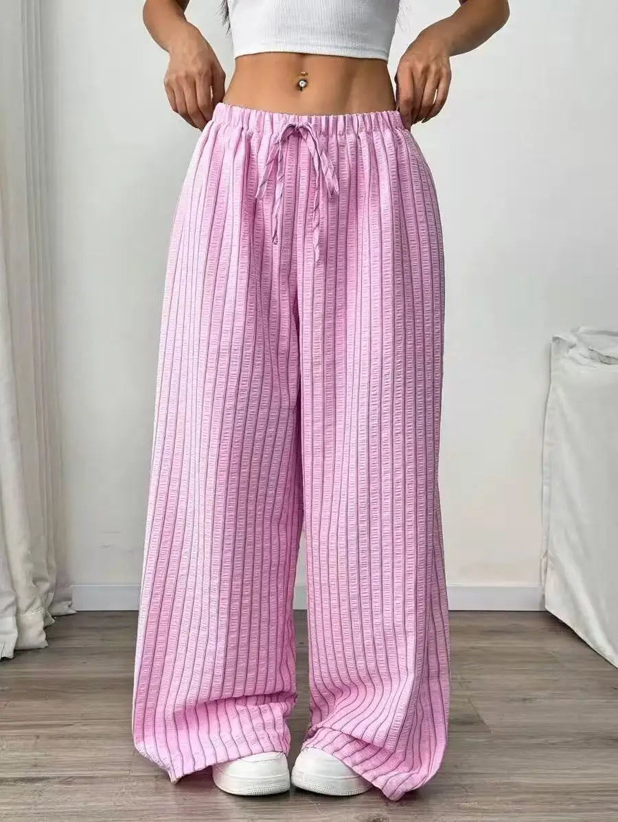 Women's Casual Striped Wide-Leg Pants   Summer Commute Fashion Drawstring Elastic Waist  Versatile Relaxed Straight Leg Trousers