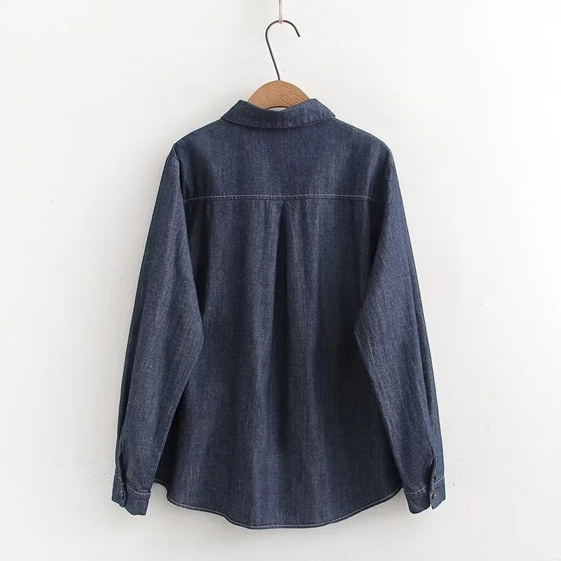 Mori kei denim blouses women spring autumn Japanese peter pan collar blue solid denim shirts casual jean basic shirts