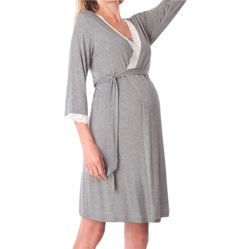 Women's Maternity Robe Pregnancy Breastfeeding Bathrobes Labor Delivery Nightgowns Dark Gray S