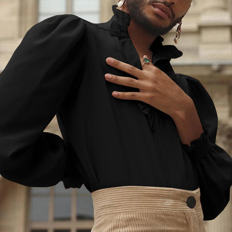 INCERUN 2024 Men Shirt Stand Collar Solid Color Ruffle Long Sleeve Casual Men Clothing Streetwear Elegant Fashion Camisas S-5XL