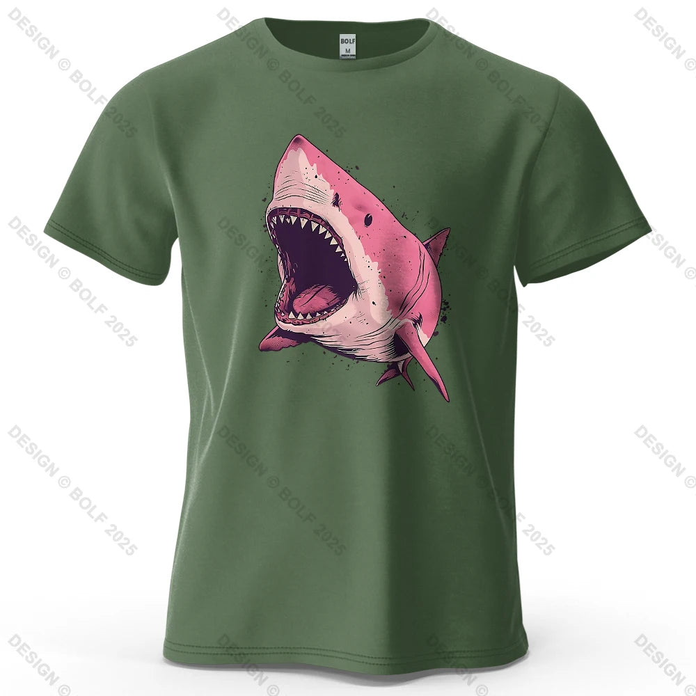 Pink Shark Cartoon Image Printed Men's T-Shirt 100% Cotton Oversized Marine Life Graphic Tees for Women Tops Tees Streetwear