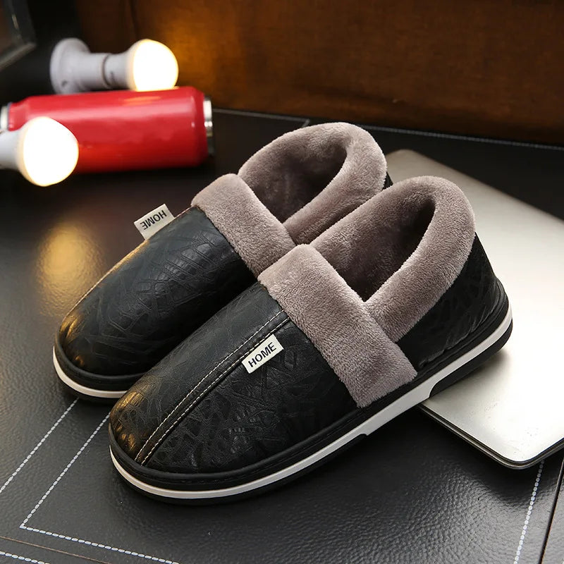 Big Size 50-51 Men Slippers Winter PU Leather Warm Indoor Waterproof Home Furry Flats Couples Slides Bedroom Non Slip Shoes