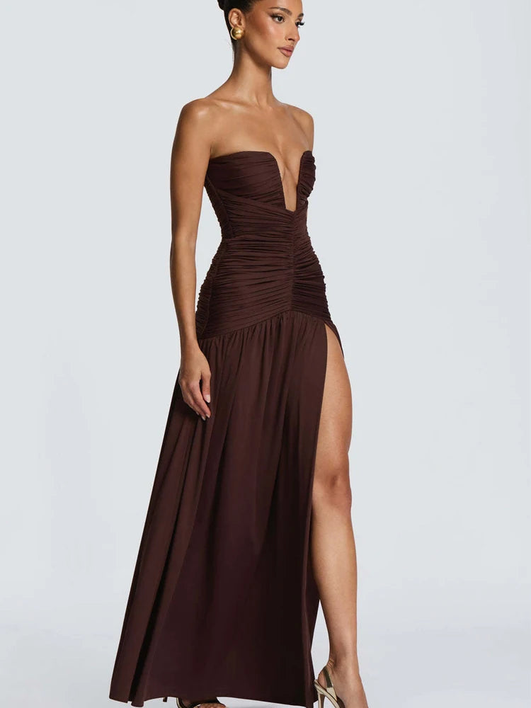 Women Elegant Deep V-neck Pleated Strapless Dress Chic Off-shoulder Backless Split Maxi Dresses 2026 Lady Evening Party Vestidos