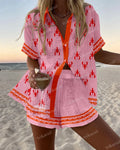Summer Fashion Print Beach Holiday 2-Piece Set Women Short Sleeve Shirt Top + Wide Legs Short Women's Oversized Two-Piece Outfit