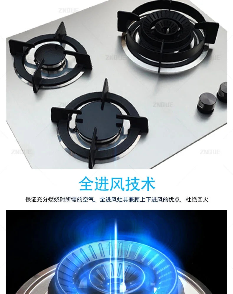 3-Burner Stainless Steel Gas Hob European Style Built-in Natural Gas Kitchen Stove