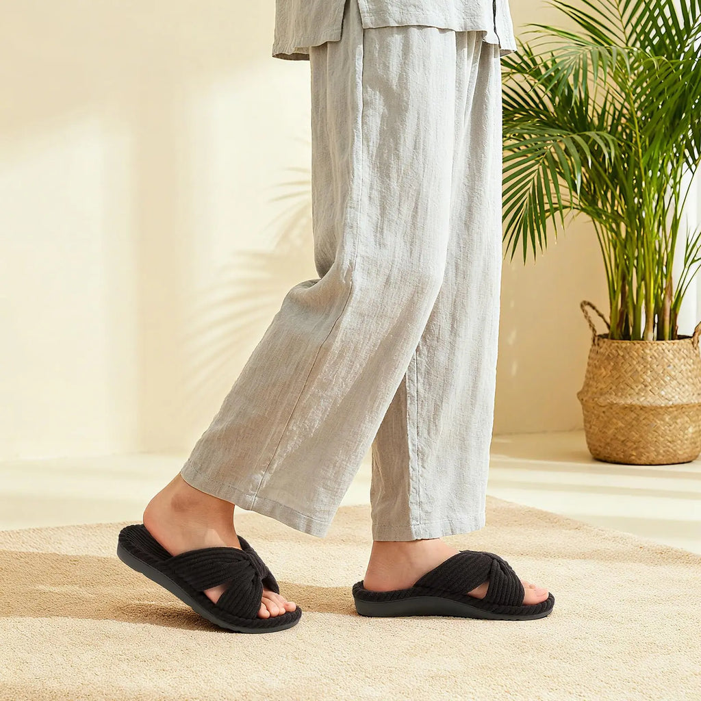 Comwarm Orthopedic House Slippers for Women Arch Support Cross Bow Indoor Slippers Corduroy Bedroom Shoes Open Toe Slip On