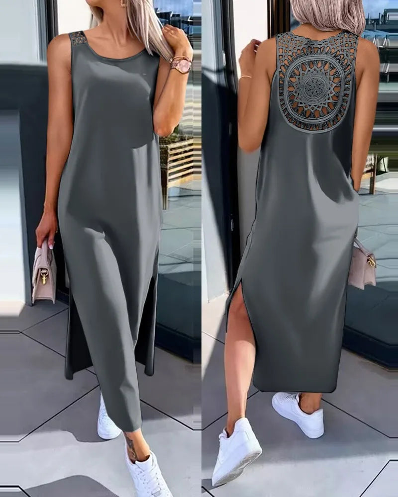 Summer Casual Temperament Fashionable Slim Fit Solid Color Round Neck A-line Skirt Lace Lace Lace Back Sleeveless Slit Dress