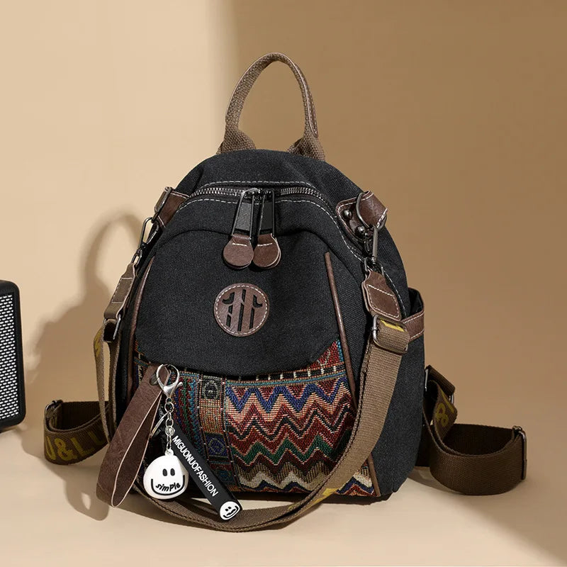 Denim ethnic style embroidered women's double shoulder bag, color-matched large capacity backpack, multi-purpose crossbody bag