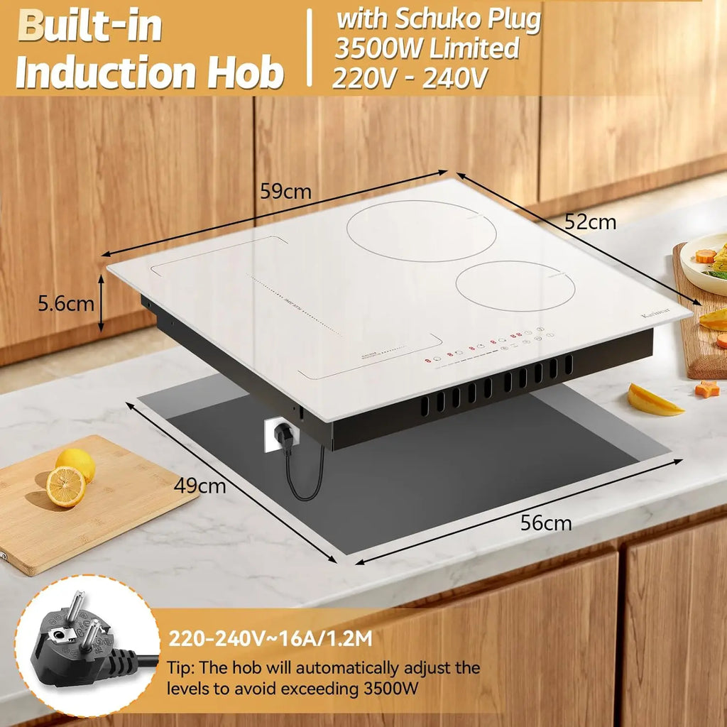 Karinear Induction Hob 4 Zones with Plug, 59CM, 3500W, White Ceramic Glass, Combination Zones, Sliding Controls, 9 Power Levels