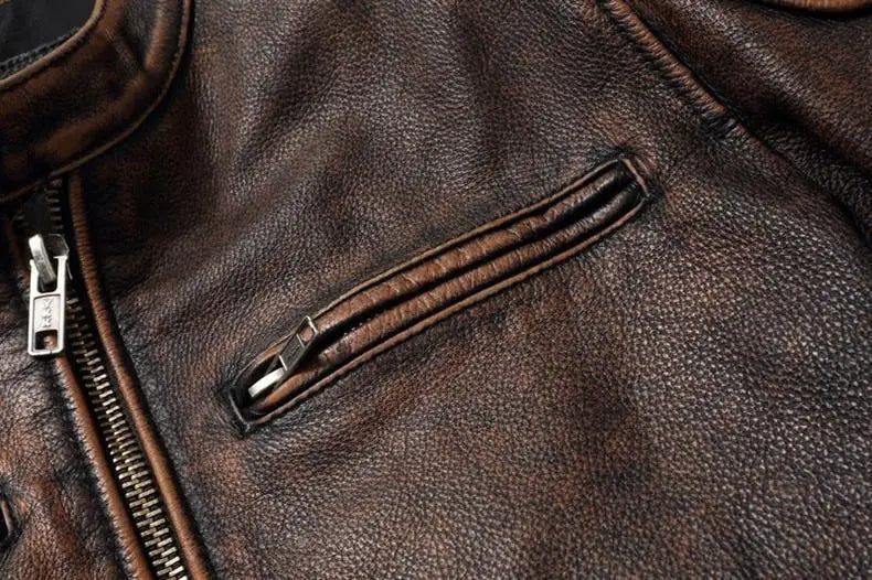 Autumn Winter Youth Mens Cowhide Texture Faux Leather Stand Collar Biker Jacket Retro Color Block Daily Street Casual Outer Coat