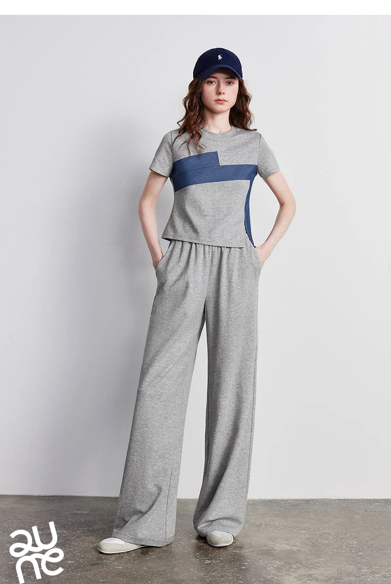 TOYOUTH Women Two Piece Set 2026 Summer New T-Shirt Wide Leg Pants Color Block Splicing Casual Sporty Trendy Outfits