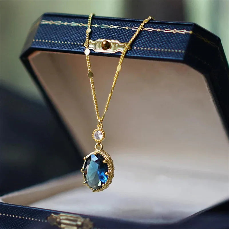 925 Sterling Silver Oval Blue Stone Pendant Necklace Gorgeous Wedding Bridal Accessories Gift Fashion Jewelry for Women