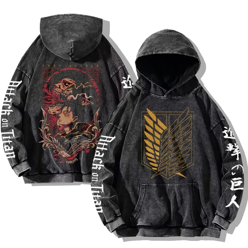 Vintage Washed Men's Hoodies Shield Print Hooded Sweatshirt Hip Hop Streetwear Y2K Hooded Pullover Y2K Loose Casual Tops