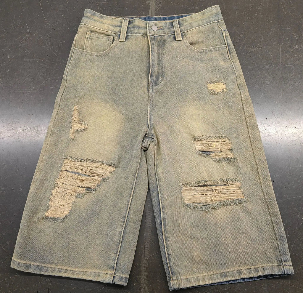 Europe America Summer New High-waisted Loose, Vintage, Ripped Denim Mid-length Straight-leg Wide-leg Pants. Casual Denim Shorts