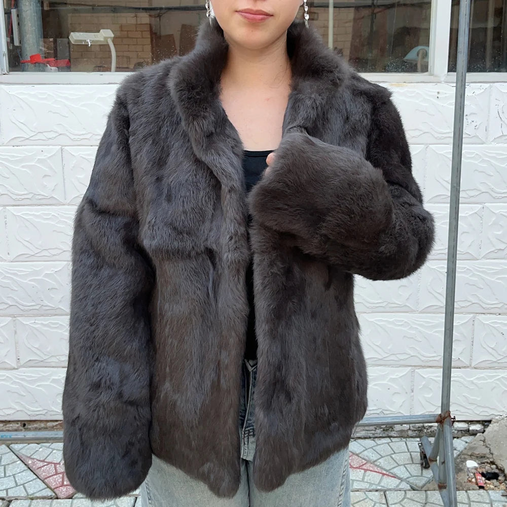 Natural Rabbit Fur Coat Women Winter Jacket Real Leather And Fur Bolero Women's Clothing Female Outerwears With 2025 Black Cold