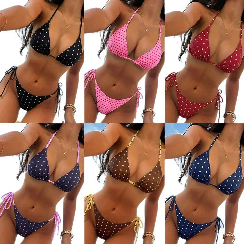 2026 Retro Polka Dot Tie Side Bikini Set for Women, Sexy Push Up Halter Neck Swimwear, High Waist Beach Bathing Suit, Summer