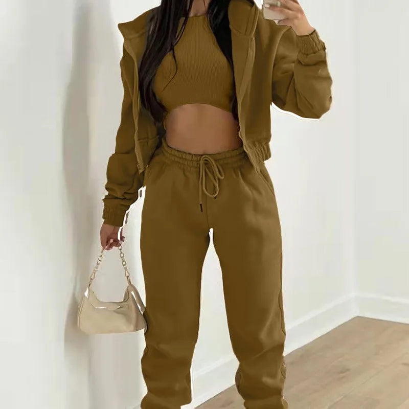 3 Set Long Pants Full Length Elegant Women Sets with Hooded Sweatshirt Top Regular Sleeve Winter Spring Autumn Streetwear