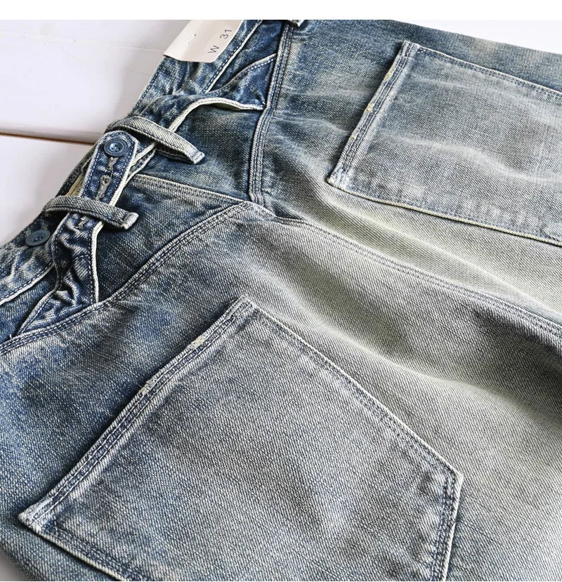 Heavyweight 100% Cotton Relaxed Straight Denim Jeans Vintage Washed & Distressed American Casual Pants for Men Amekaji Retro