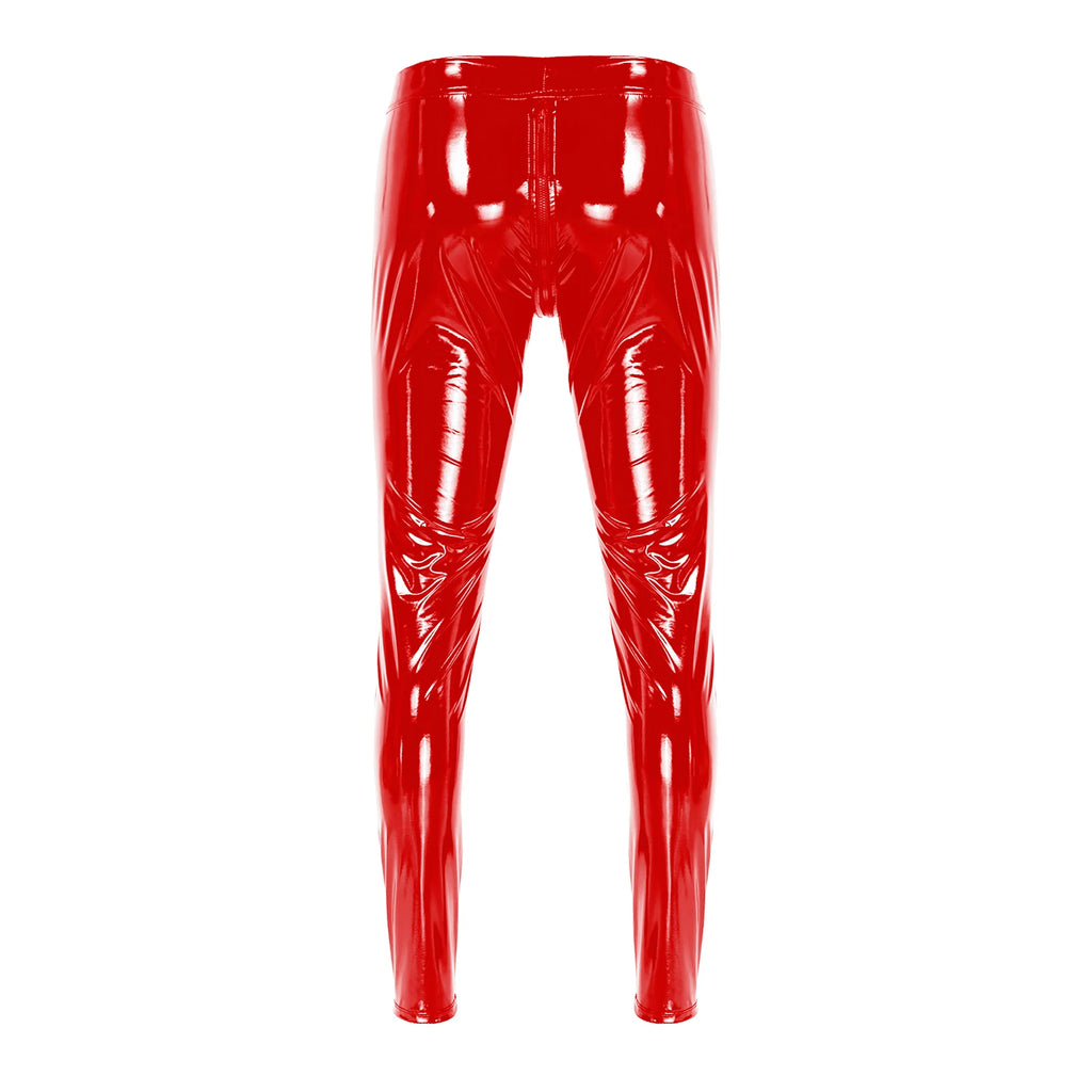 Men Latex Leather Pants Low Waist Faux Leather Shiny Pants Fashion Tight Trousers for Club Stage Show Rock Band Performance