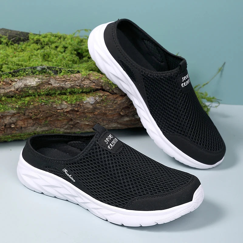 YRZL Mens Half Slippers Summer Breathable Mesh Mens Shoes Outdoor Casual Walking Shoes Large Flat Light Mesh Slippers Sandals